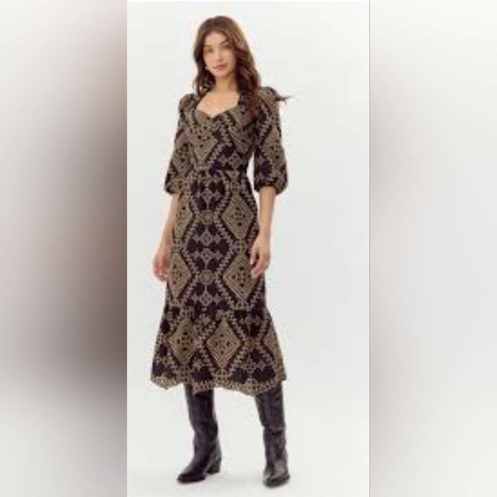 Adelyn Rae black tan eyelet puff sleeve Legacy Embroidered Midi Dress size‎ XS